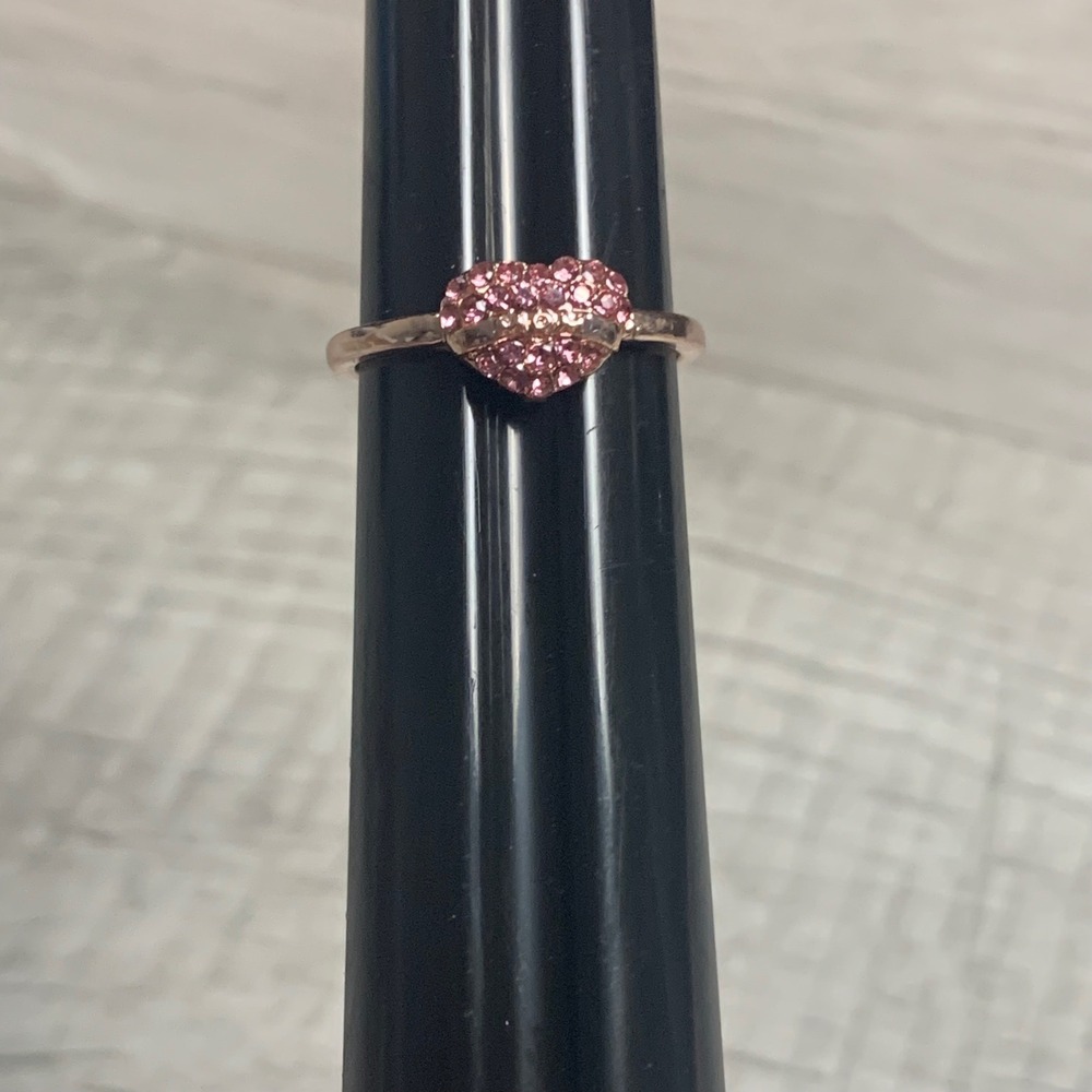 Rose Gold Tone Pink Pave Crystal Heart Adjustable Bypass Ring Size 7.5